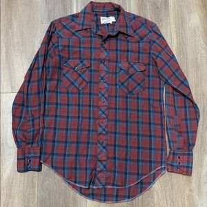 Wrangler Men's Western Yoke Pearl Snap Navy Blue Red Plaid Vintage Shirt